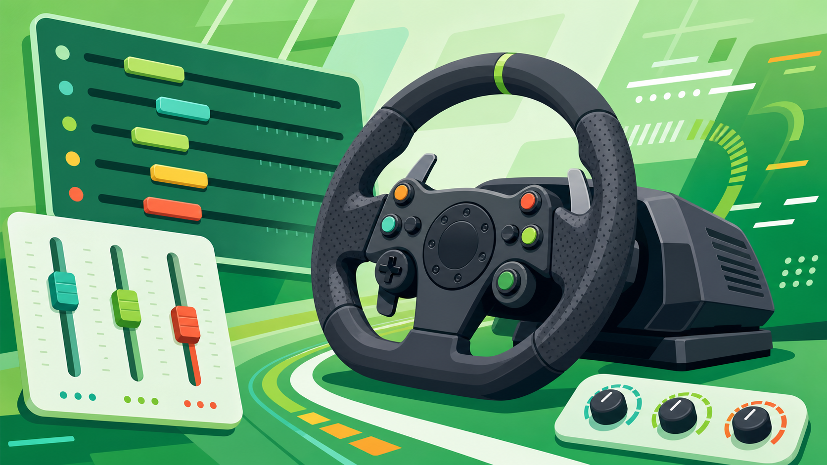 FFB主要項目の役割をiRacingとACCの用語で対応づけ、初期値の目安を並べた対応表の図